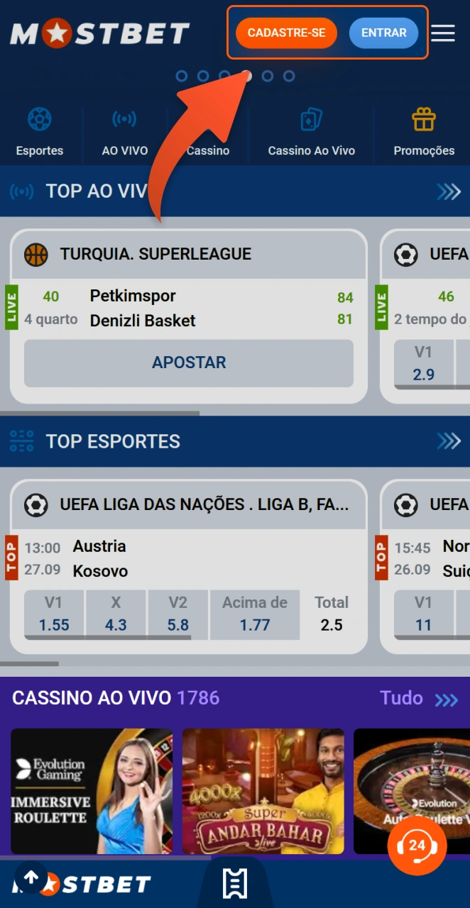 Para se cadastrar, clique no botão no topo do site da Mostbet.