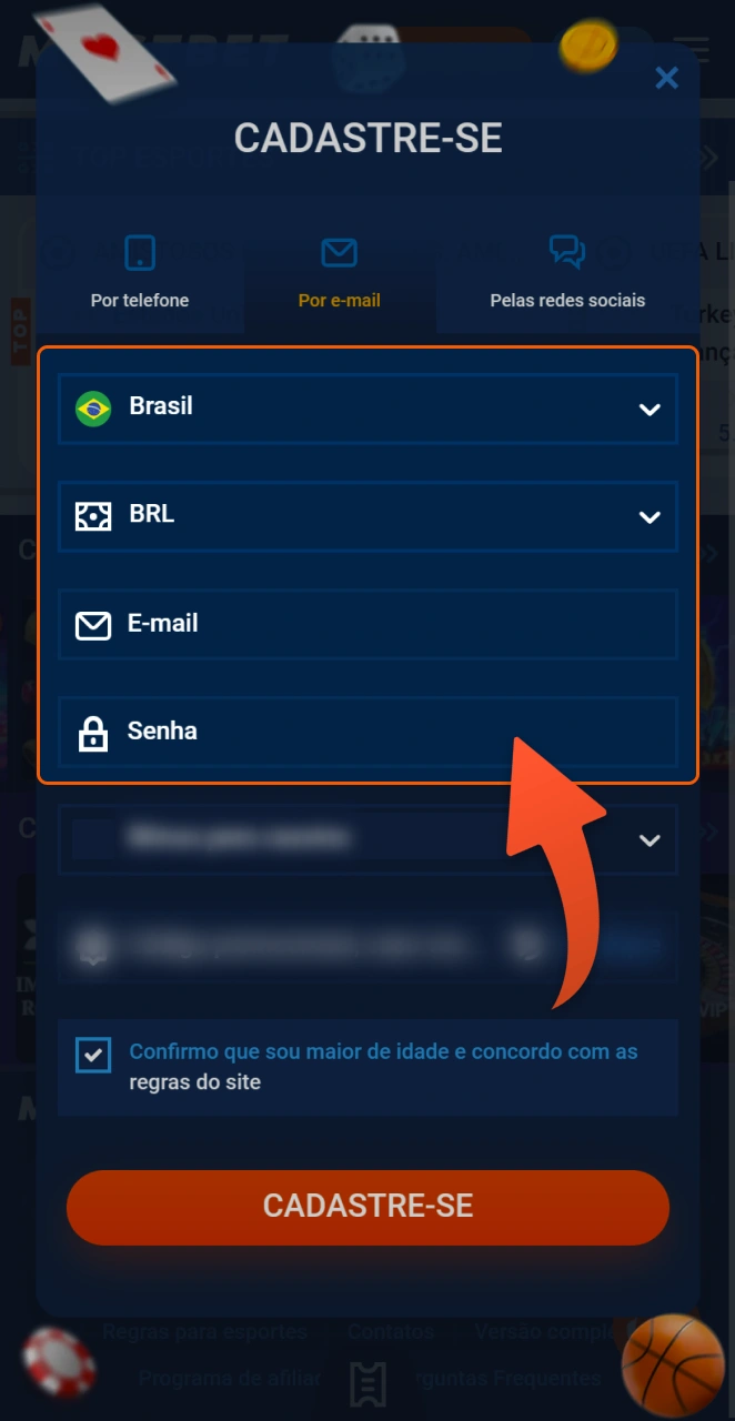 Insira suas informações pessoais para se cadastrar no Mostbet.